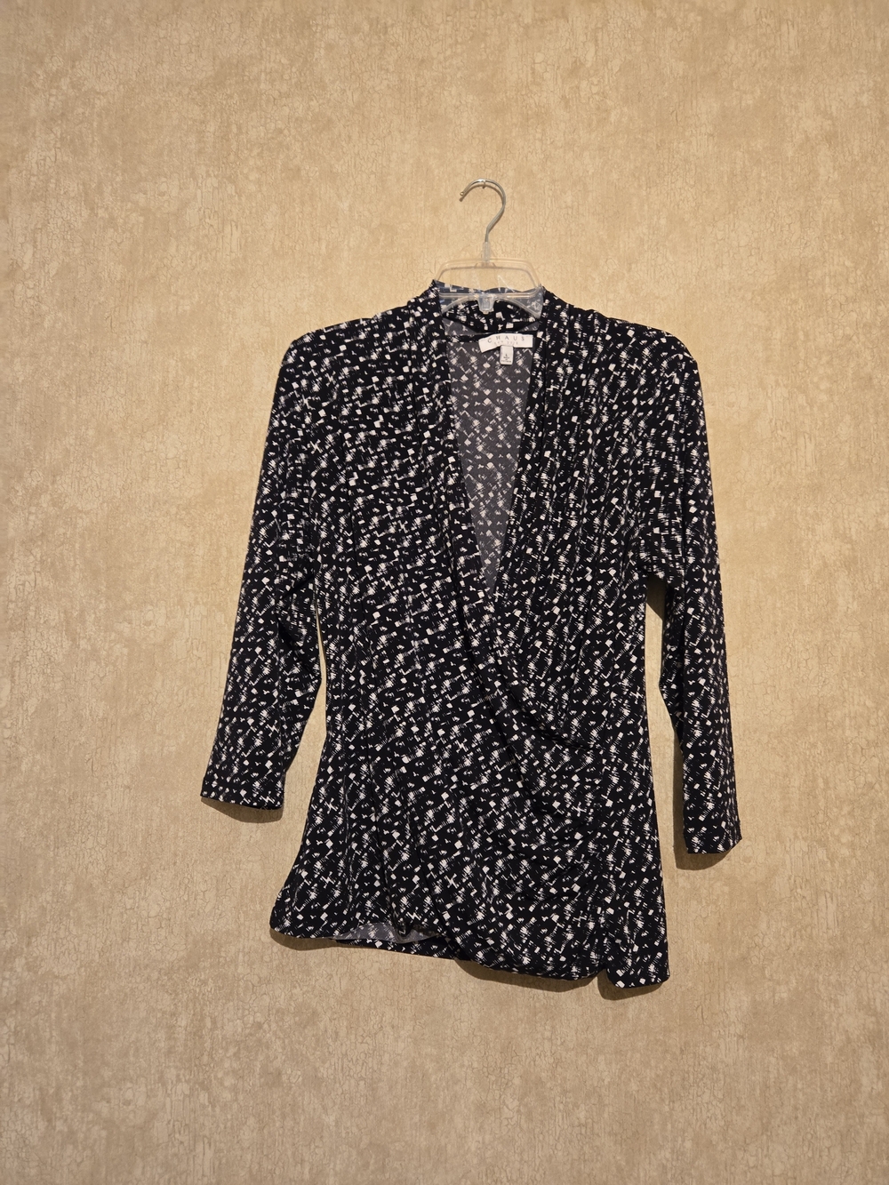 Chaus Black and White Wrap-Front Blouse